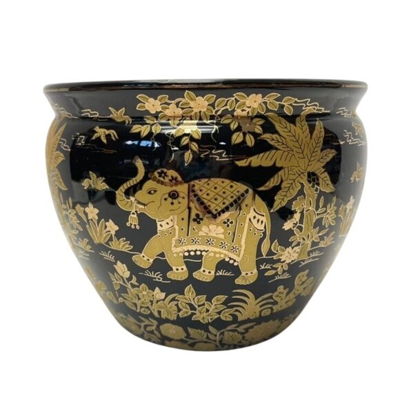 Other - Vintage Black & Gold Elephant Asian Chinoiserie Style Floral Vase